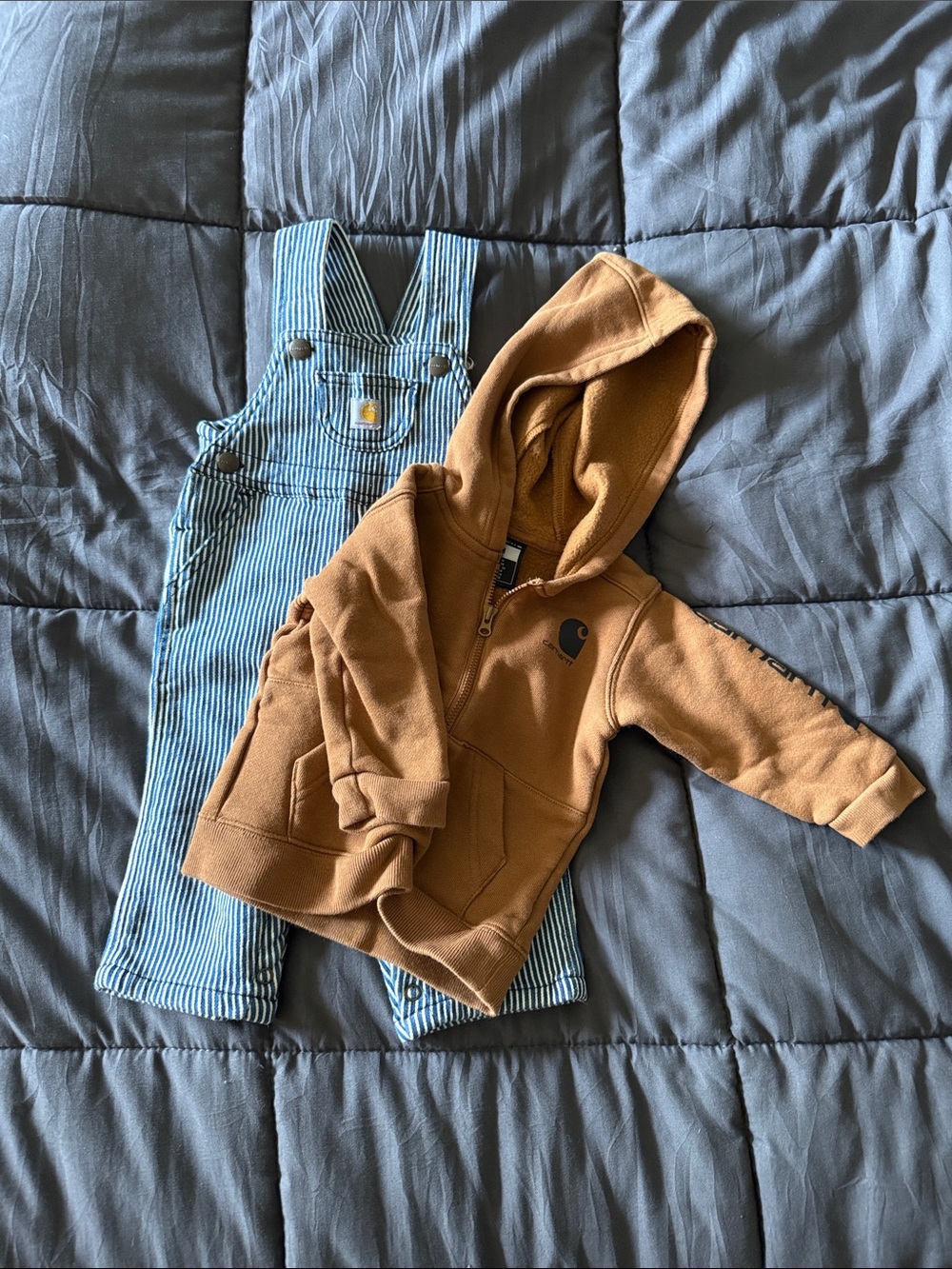 Carhartt Tan/Brown Kids Hooded Sweatshirt with Blue Pinstripe Overalls
